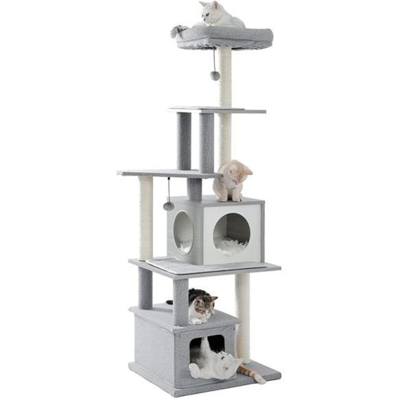 Modern Cat Tower, Wood Cat Tree with Scratch Post and Top Perch Bed, 20 Lbs - Picture 1 of 7